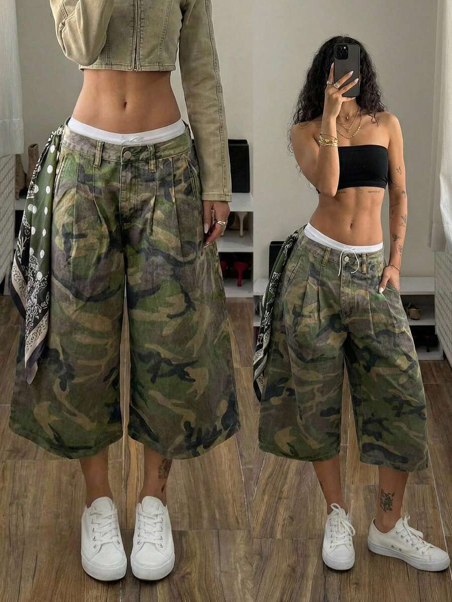 StreetHx Y2K Casual Street Style Camouflage Low-Waist 7/8 Jeans - Medium Wash - View 1