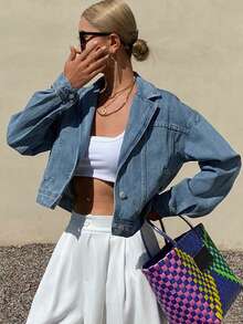 DAZY Women's Turndown Collar Short Casual Denim Jacket And Coat - Medium Wash - View 7