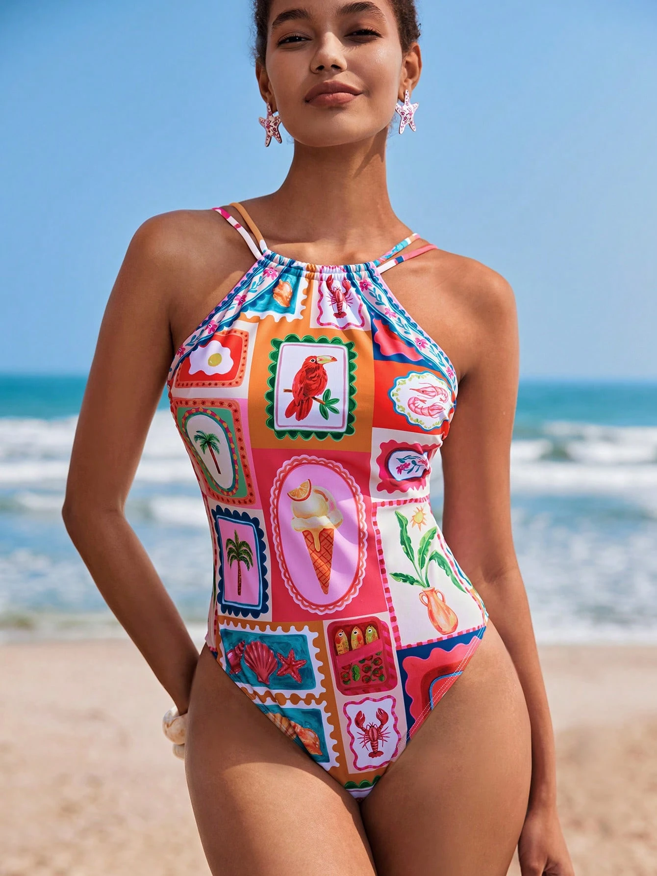 Travachic Maiô Estampado Tropical com Decote Halter Feminino, Férias e Praia - Multicolorido - Visão 3