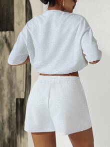 Conjunto de 2 piezas para mujer con estampado gráfico de Los Ángeles, de manga corta y holgado, para el verano - Gris Claro - Ver 3
