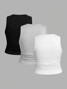 SHEIN EZwear 3件套加大码纯色无袖圆领背心，适合夏季穿着 - 彩色 - 查看 2