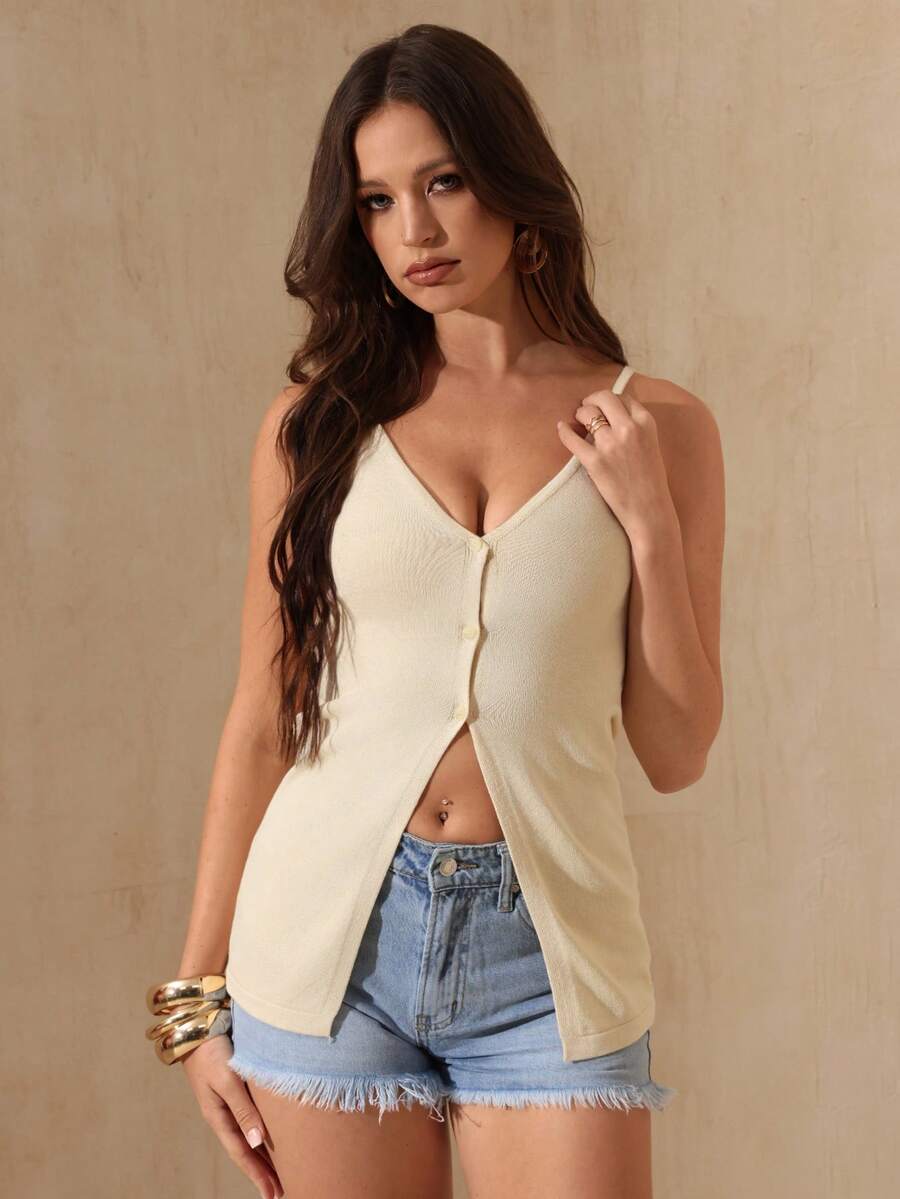 Glamine Women's Solid Color Single-Breasted Casual Camisole Cardigan - Light Yellow - View 1