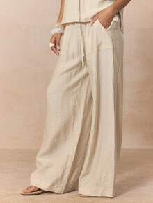 MUSERA Quần ống rộng cạp chun co giãn, có túi, chất liệu vải lanh mềm mại, kiểu dáng suông, chỉ bán riêng quần, dễ thương, thích hợp cho mùa xuân, kỳ nghỉ, nữ tính, mùa hè, phong cách thường ngày. - Màu Khaki - Xem 3