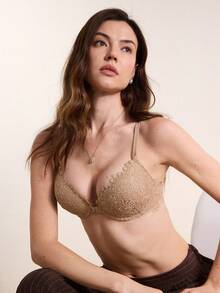 Hourtrue 蜜桃女孩咖啡棕色性感蕾丝前扣文胸，女士薄杯舒适透气提拉钢圈文胸 - 咖啡棕 - 查看 2