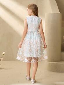 Tween Girl Floral Embroidered Mesh Round Neck Sleeveless Dress - White - View 2