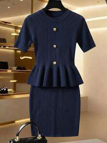 Franclia Bộ đồ dệt kim nữ mùa xuân sớm, kiểu dáng cổ điển, thanh lịch, đa năng, cổ tròn, tay ngắn, đính cúc kim loại tinh tế, dáng chữ A, viền bèo nhún, kết hợp với chân váy midi ôm sát. - Màu xanh hải quân - Xem 4