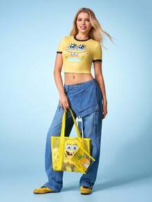 SpongeBob SquarePants | SHEIN 1 Cute Cartoon Character Pattern Mesh Tote Bag, Beach Bag, With Anti-Splashing Material Small Bag, Can Store Mobile Phones And Other Small Objects, Suitable For Commuting, Sports, Leisure, Outings, Suitable For Swimming, Large Capacity, Yellow - Yellow - View 5