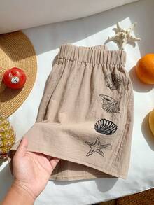 Comfortcana Quần short nữ Camel cạp chun, họa tiết vỏ sò, kiểu dáng thường ngày, đa năng cho mùa hè. - Lạc đà - Xem 5