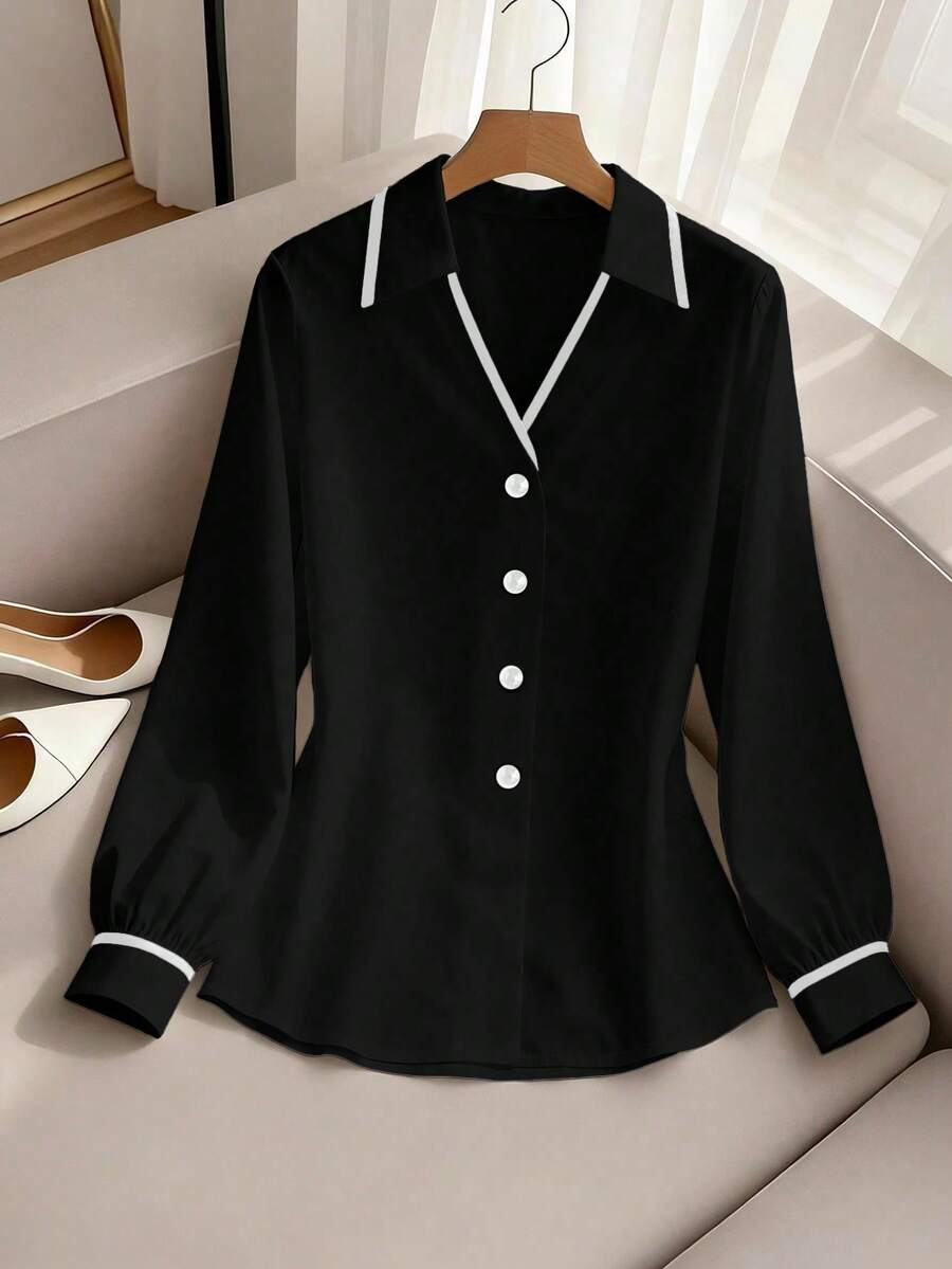 SHEIN Franclia Casual Color Block Long Sleeve Shirt, Minimalist For Commuting - Black - View 1