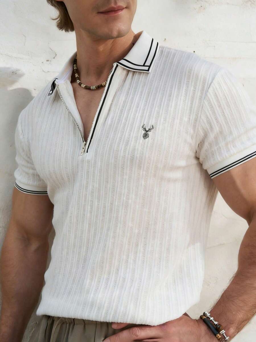 Airaco Summer Celebration Old Money Striped Zip-Up Textured Polo Shirt, Men, Beach Resort Cooling & Comfortable - White - View 1