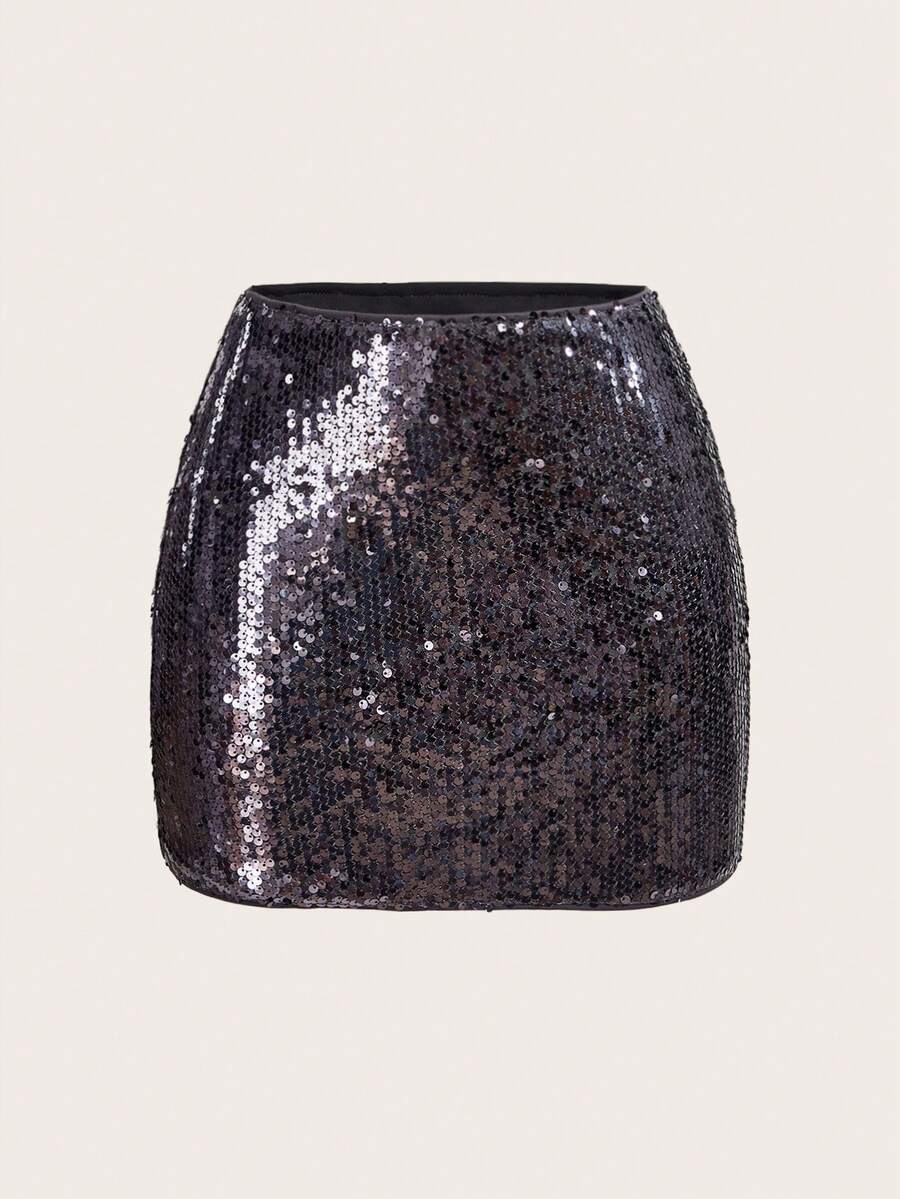 SHEIN ICON 女士亮片百搭约会之夜迷你裙 - 灰色 - 查看 1