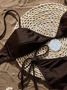 Swim SXY 2026 New Solid Color Shiny Bikini Set With Adjustable Shoulder Straps, Shell Decor, Tie-Side Bottoms, Sexy Beach Vacation Style For Women - Coffee Brown - View 5