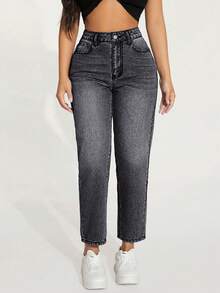 SHEIN PETITE Jeans casuales de tiro alto y corte entallado - Negro - Ver 3