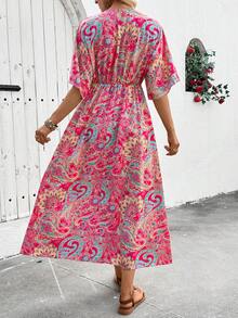 Breezaya Đầm nữ cổ chữ V xếp ly in họa tiết thanh lịch, thích hợp cho mùa hè. - Màu Hồng Tươi - Xem 2