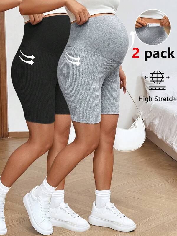 Modmama Summer Outfits  Black And Gray Leggings For Pregnant Women's Everyday Outings; Highly Elastic, Comfortable, And Non-Restrictive. Maternity Solid Color Adjustable Waist Ribbed Leggings