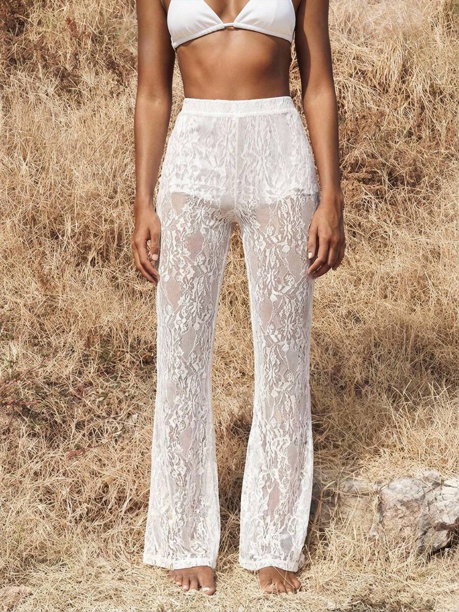 Opulessa 女士度假针织蕾丝高腰喇叭裤 - 白色 - 查看 1