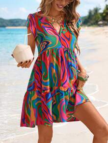 Sylviya 女士休闲V领几何图案度假连衣裙 - 彩色 - 查看 1