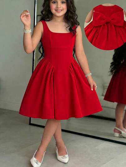 SHEIN Tween Girl Elegant French Style Square Neck Bow Decor Waist Cinched Red Dress, Princess Dress, Casual Everyday Wear, Wedding Season Dress, Birthday Party