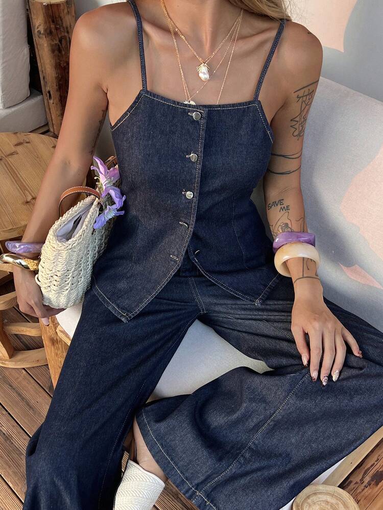 Women's Casual Vacation Style Denim Camisole And Wide Leg Pants Set