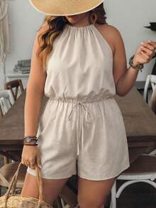 EMERY ROSE Bộ áo liền quần cổ yếm màu trơn dành cho nữ cỡ lớn, buộc eo - Màu be - Xem 1