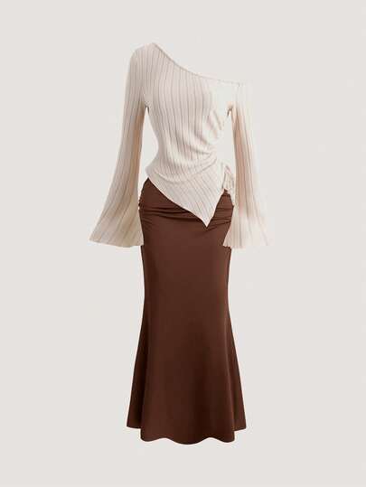 Olithes French-Style Elegant And Fashionable Top With Asymmetrical Shoulder, Irregular Side Drawstring, Flared Cuffs, Ribbed And Brushed Fabric, Fitted Waist, Pleated Fishtail Skirt, Two-Piece Set, Elegant Women's Outfit, Elegant Top, Casual Skirt, Two-Piece Set. Brown Dresses Classy Elegant Set Outfit For Women Elegant Wine Tasting Outfit Dinner Outfit For Women Brown Outfits For Women