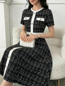 SHEIN Teenager Mädchen Kleid mit Karomuster, weißem Kontrastbesatz, Metallschnallen-Dekor, elegantem Kurzarm A-Linie, Herbstkleid, kariertes Midi, schwarzer Tweed - Schwarz - Übersicht 4
