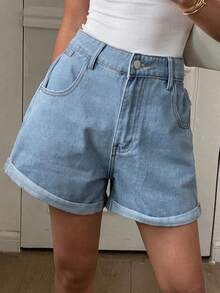 Livesso Quần short denim dáng rộng, trơn, có túi, thích hợp cho mùa hè. - Màu xanh lam - Xem 7