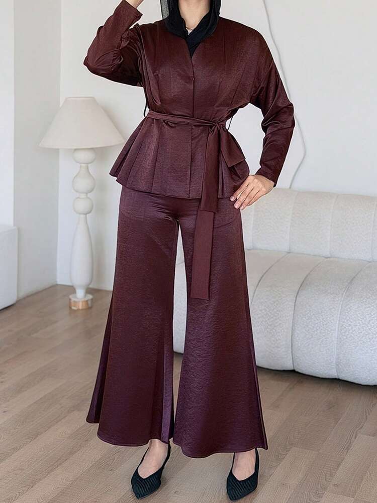Women's Elegant Solid Color V-Neck Belted Shirt And Wide Leg Pants 2-Piece Set, Spring/Summer