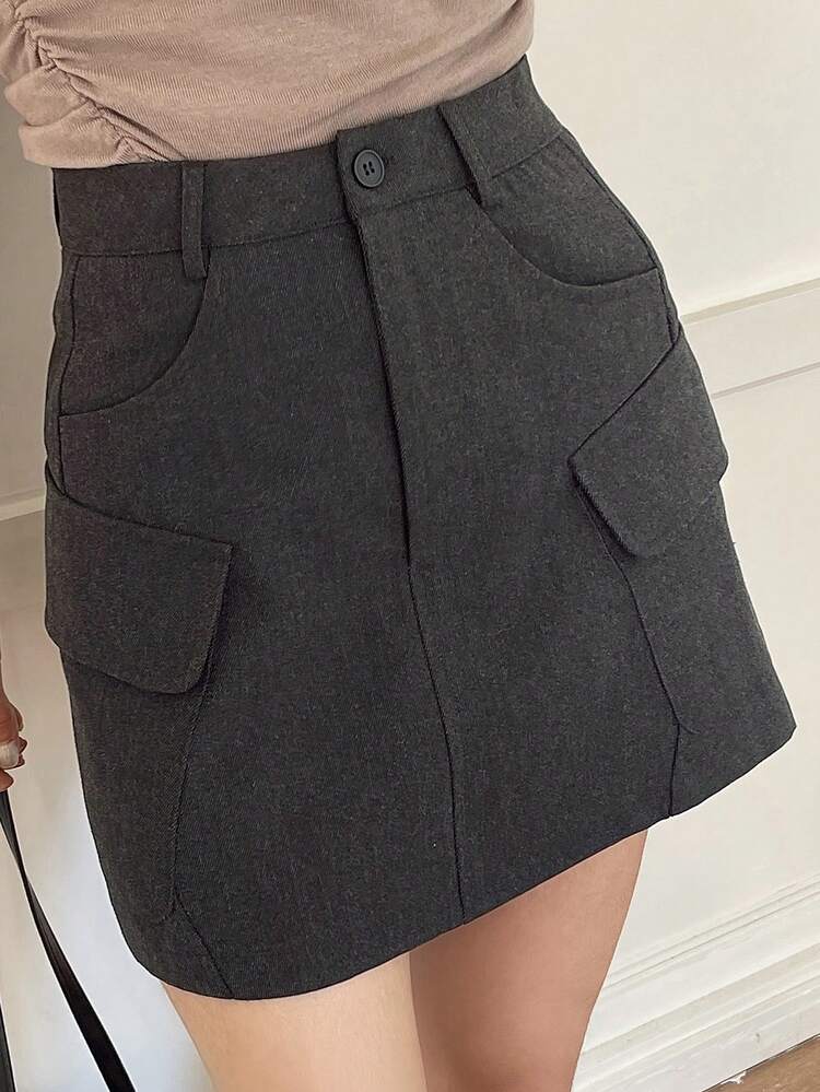 Women's Solid Color Pocket Button Closure Fashionable Versatile Date/Casual Skirt