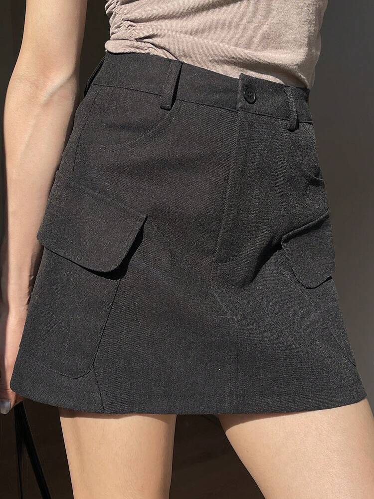 Women's Solid Color Pocket Button Closure Fashionable Versatile Date/Casual Skirt