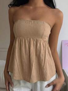 SHEIN EZwear 女士时尚纯色抹胸A字上衣，女士休闲荷叶边下摆，褶皱吊带修身卡其色人造丝纯色衬衫，春夏，派对/夜店装 - 卡其色 - 查看 6
