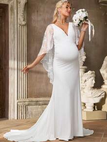 SHEIN 优雅纯色蕾丝拼接美人鱼孕妇装 - 白色 - 查看 6