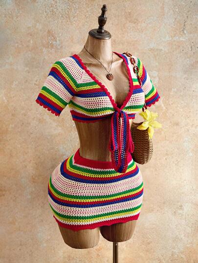 Mistrie Women's Cropped Cardigan, Deep V-Neck, Short Sleeve, Tie-Front, Colorful Striped, Casual Vacation Summer Sweater