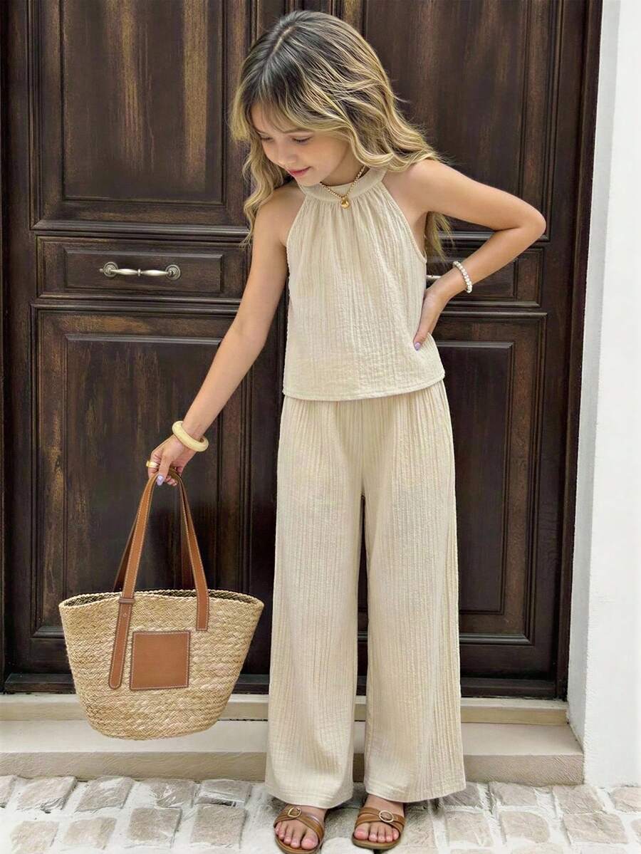 女童沙滩度假基本款吊带上衣+宽松七分裤 编织花卉两件套 - 杏色 - 查看 1