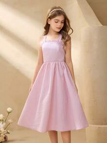 Tween Girl Jacquard Design Frill Trim Elegant Camisole Dress - Pink - View 3