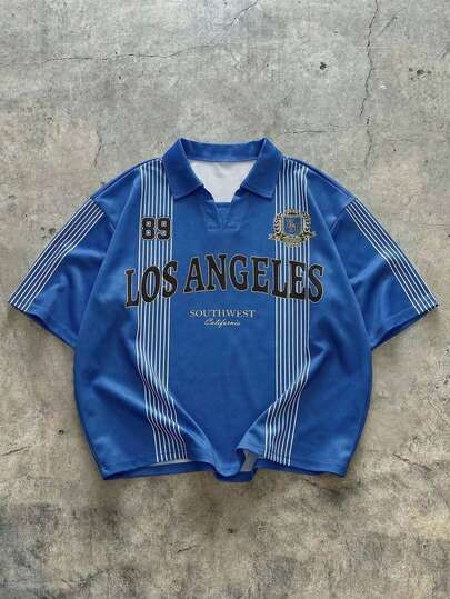 AXEPEAK Men's Casual Colorblock Striped Letter Print Short Sleeve Polo Shirt, Summer