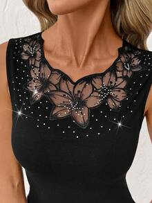 SHEIN Clasi 女士黑色罗纹长袖镶钻修身优雅休闲上衣 - 黑色 - 查看 7