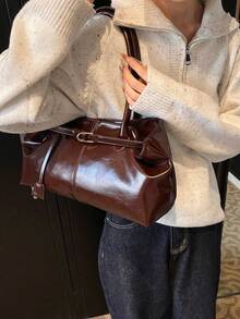 Lumivelle 1 件装女士大容量手提包，PU 皮革单肩包，休闲经典简约设计师商务风格托特包，时尚女士通勤包，可选颜色：黑色、白色、棕色、银色、复古色 - 咖啡 - 查看 4