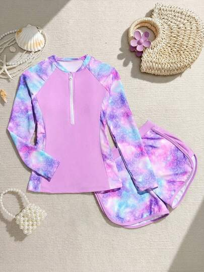 SHEIN Tankini de traje de baño con estampado de teñido anudado para niña preadolescente con manga larga y diseño con cremallera, conjunto de bikini con estampado de teñido anudado y parches, traje de baño de una pieza con manga larga para vacaciones de verano, estampado digital, adecuado para playa, fiesta, vacaciones, natación, atuendo de verano