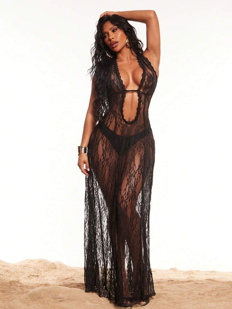 Radiana Đầm maxi ren xuyên thấu màu đen ôm sát, thanh lịch, lãng mạn, gợi cảm dành cho nữ, đầm xòe bồng bềnh, đầm lưới xuyên thấu màu đen, đầm ren, đầm cổ khoét sâu, đầm hở lưng gợi cảm, đầm che bikini đi biển, đầm đi nghỉ mát, đầm hẹn hò, đầm đi biển, thích hợp cho kỳ nghỉ trên đảo, bờ biển, bãi biển, hẹn hò, buổi tối, tiệc tùng, tiệc cocktail, hộp đêm, trang phục đi nghỉ mát. - màu đen - Xem 1