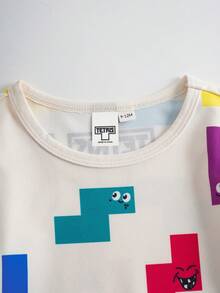 Tetris™ X SHEIN Baby Girl Casual All-Over Print Crew Neck Long Sleeve Romper, Spring/Autumn - Beige - View 3