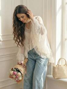 Anewsta Quần jeans nữ ống loe cạp cao màu xanh nhạt kiểu vintage, thích hợp mặc đi làm, thích hợp cho mùa xuân hè. - Màu xanh lam - Xem 4
