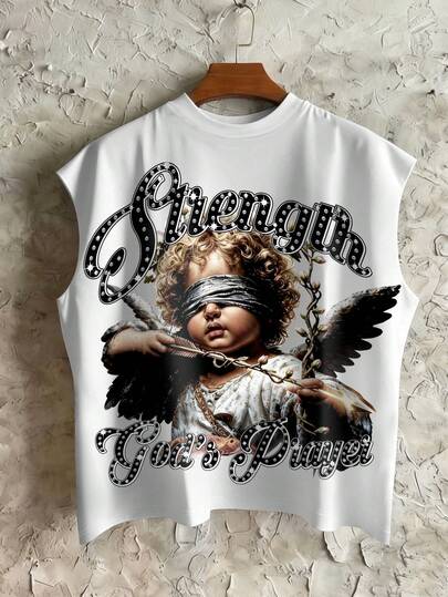 STEELVANCE Men's Round Neck Angel Letter Print Casual Versatile Daily Wear Top