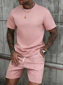 Manfinity RSRT 男士舒适卫衣套装，圆领短袖T恤搭配抽绳松紧腰短裤，休闲百搭，适合度假、聚会、外出、运动、办公等场合，经典春夏短袖短裤套装，畅销款，自穿或送礼皆宜。 - 粉色 - 查看 4