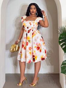 Veslaya White Summer Elegant Bachelorette Party Vacation Plus Size Women's Floral Square Neck Flare Sleeve A-Line Mini Dress,Wedding Guest Beach Short Dress - Multicolor - View 6