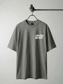 Manfinity Hypemode Plus Size Men's Casual Slogan Graphic Round Neck Short Sleeve T-Shirt, Summer - Light Grey - View 2