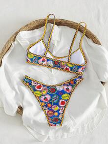 Swim Vcay 2件套新款随机印花可调节肩带性感优雅度假比基尼泳装套装，适合海滩、泳池派对 - 彩色 - 查看 2