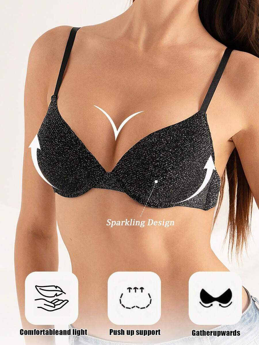 DesireSculpt Sexy Silver Wire Gather & Lift Women's Bra - Black - View 1