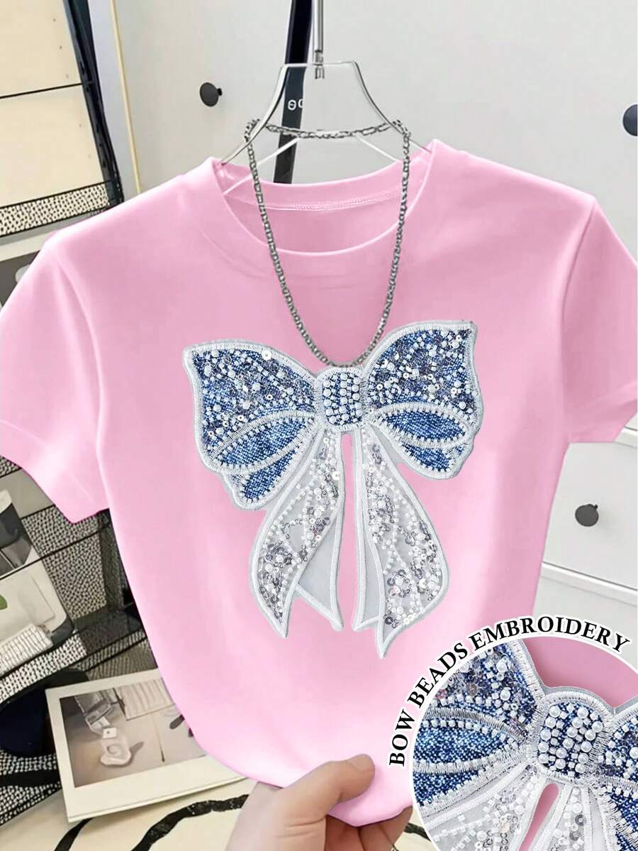 Resyla 女士夏季休闲蝴蝶结串珠刺绣常规肩部T恤 - 粉色 - 查看 1