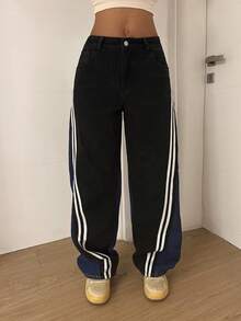 StreetHx 女士时尚休闲运动阔腿直筒牛仔裤 - 黑色 - 查看 3